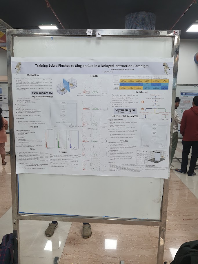 Research poster titled Training Zebra Finches to Sing on Cue in a Delayed Instruction Paradigm.